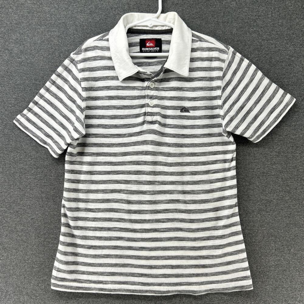Quiksilver Polo Shirt Boys Small 8/10 Gray White Striped Surf Skate Short Sleeve